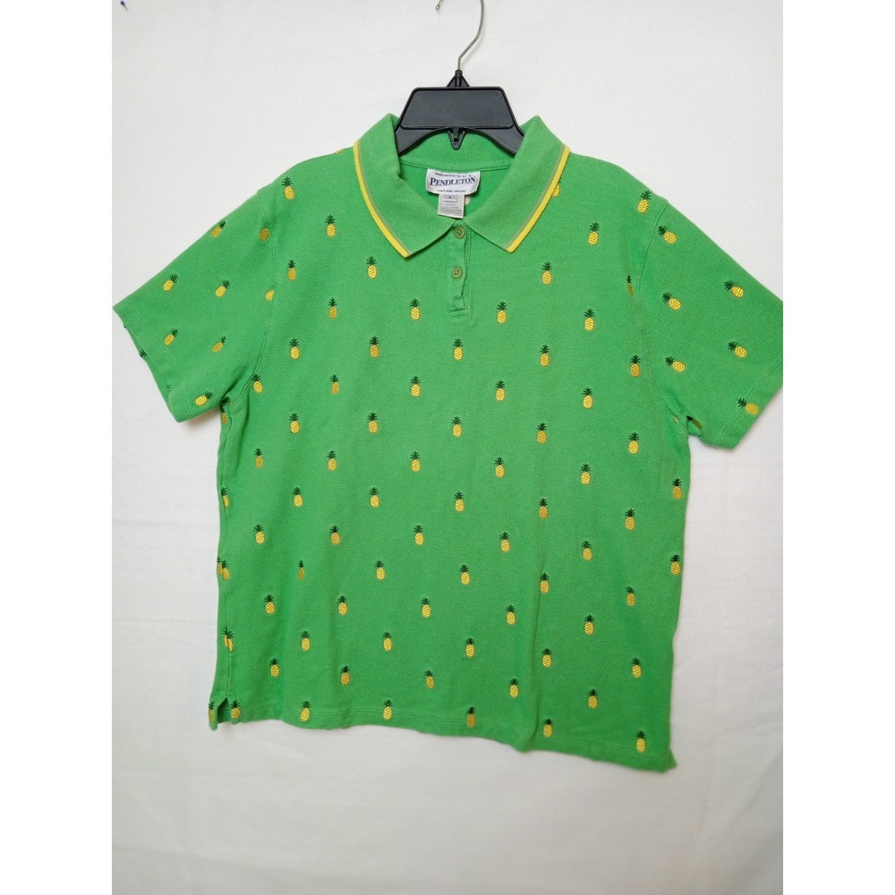 Pendleton Womens Polo Shirt L Green Pineapple Print Short Sleeve